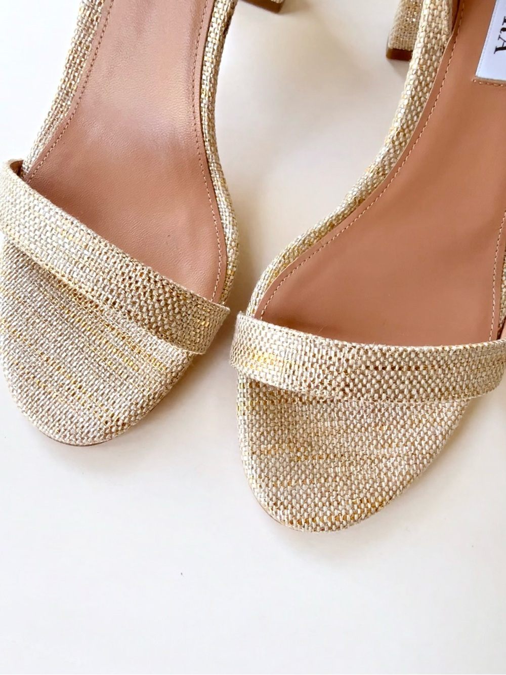 NWOB Aquazzura So Nude 85MM Metallic Sandals Woven Textile Gold Leather 39 $695 - Picture 8 of 12